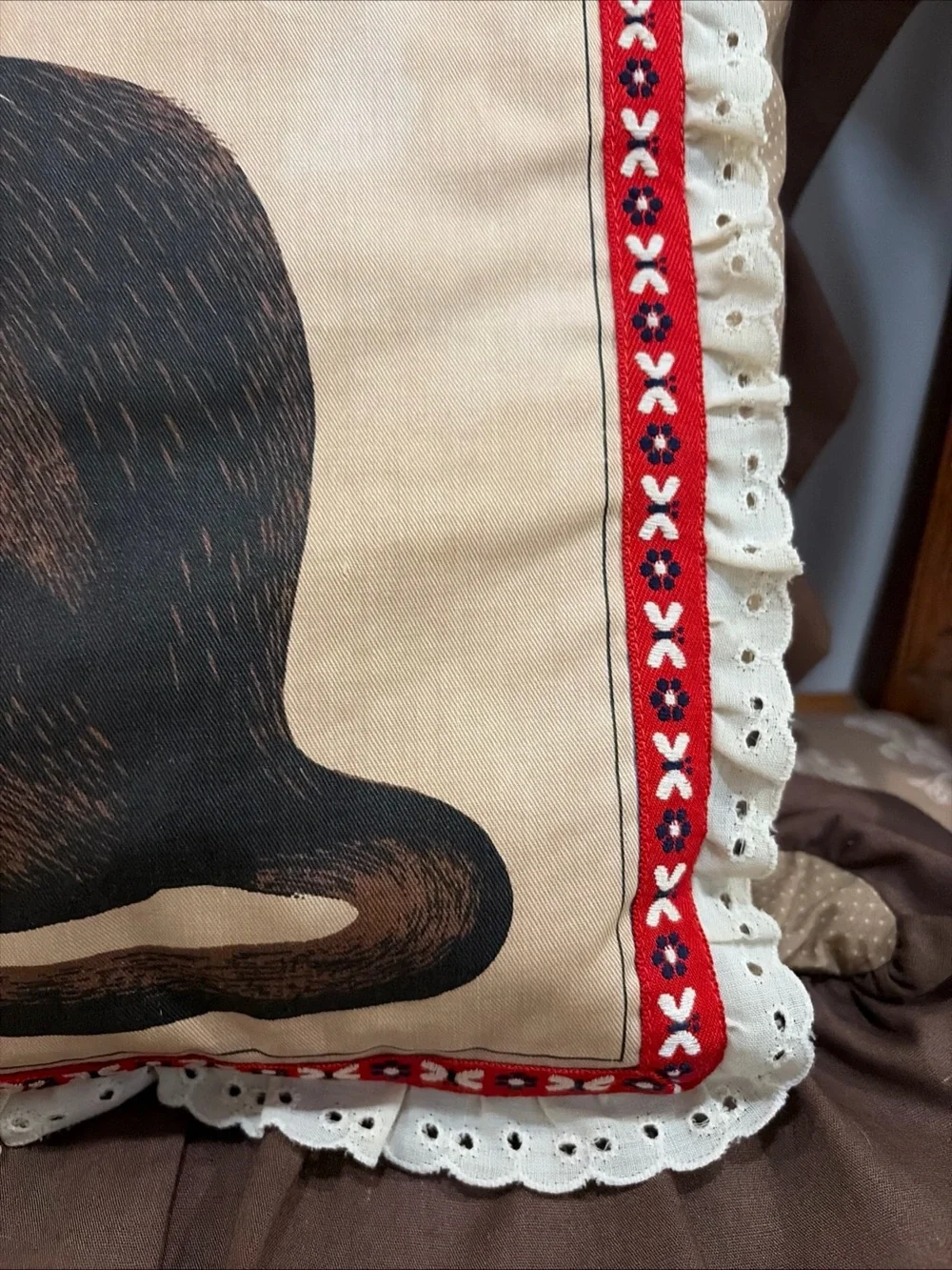 Vintage Cross Stitch Cat Pillow Brown Print 14x14 GrannyCore Cottage Kitty throw
